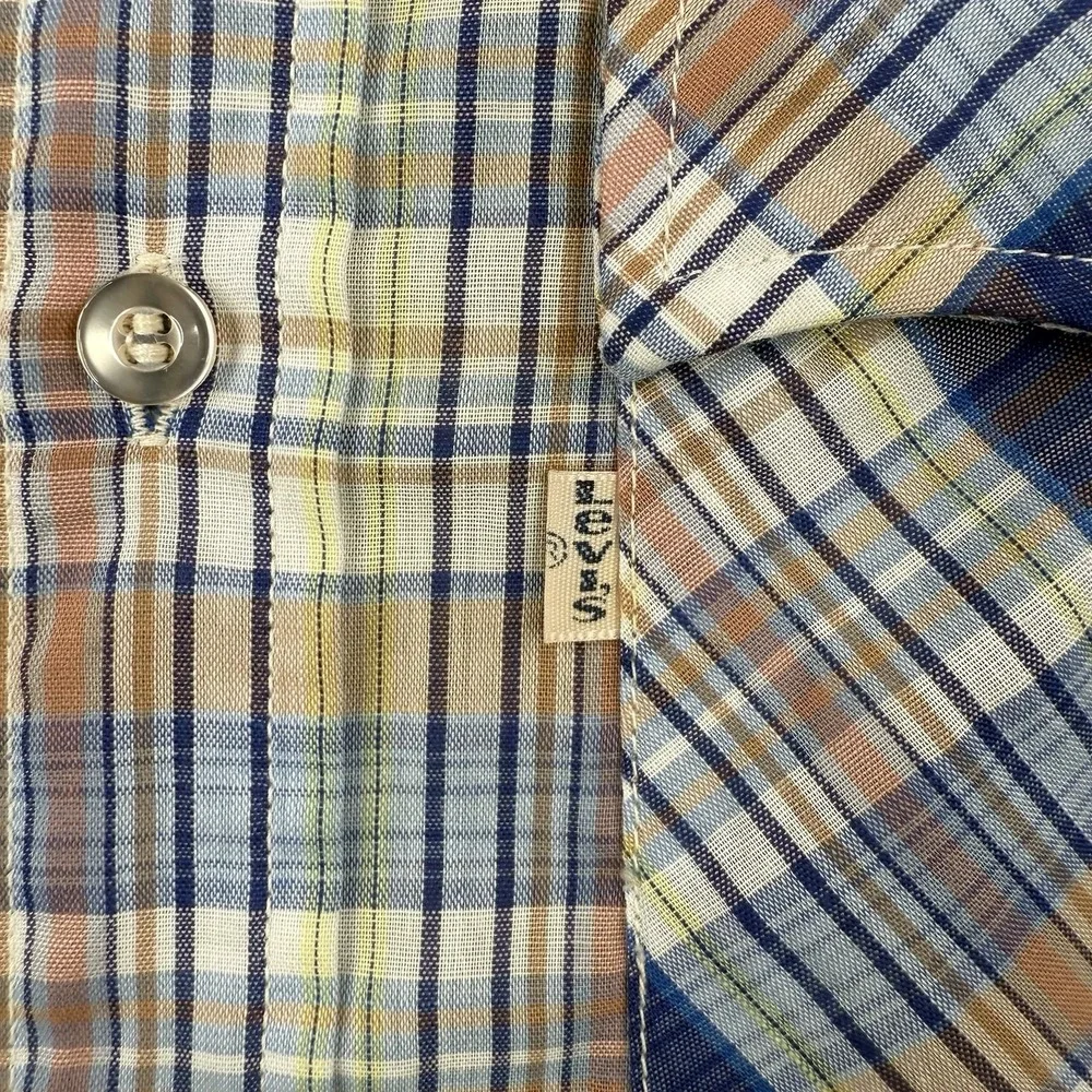 Vintage Levis Shirt Mens Medium Blue Plaid 70s Tapered Western Long Sleeve‎